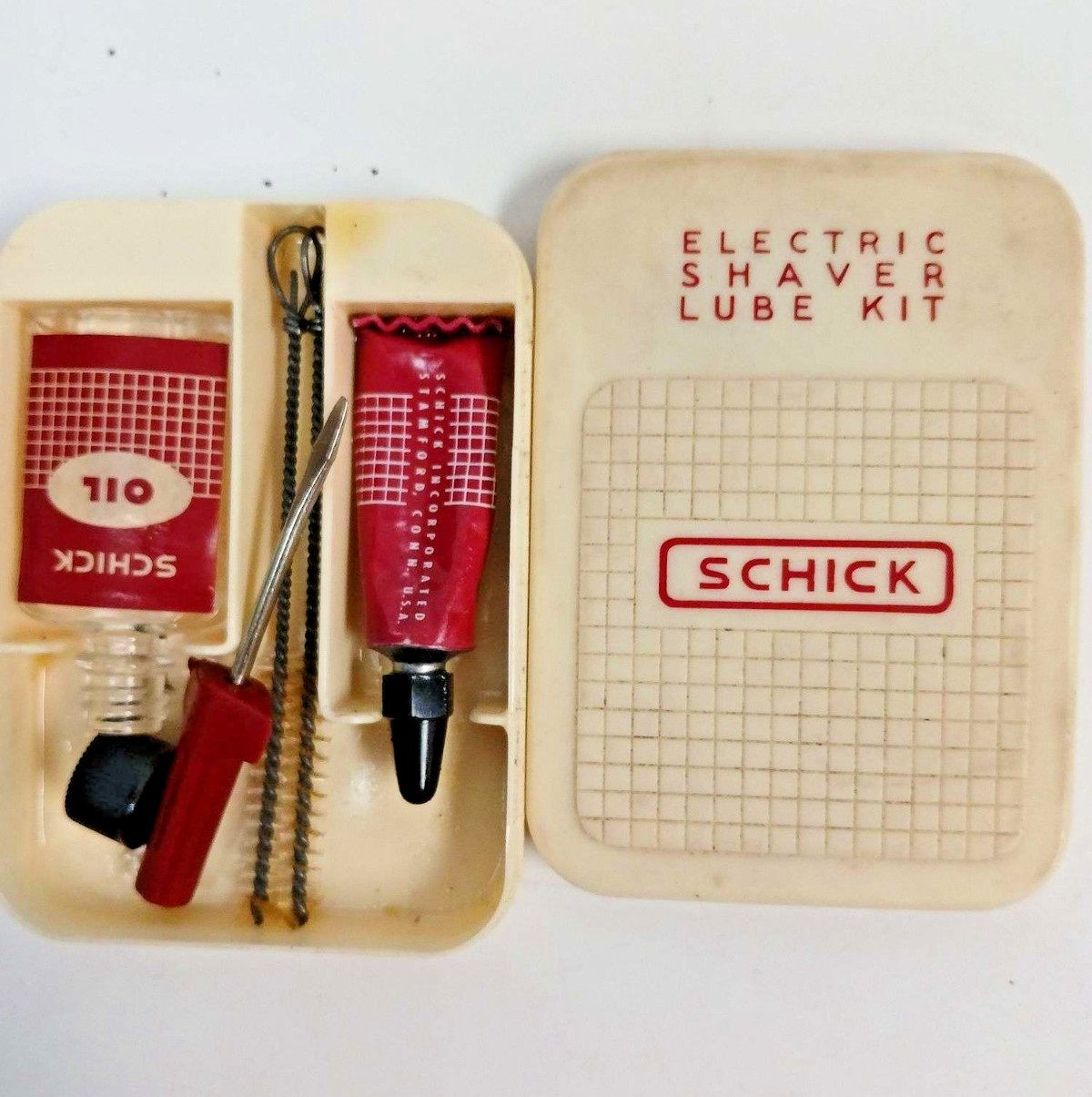 Antique Gillette Wooden Store Display Case, Razor, Blades & Vtg Schlick Lube Kit