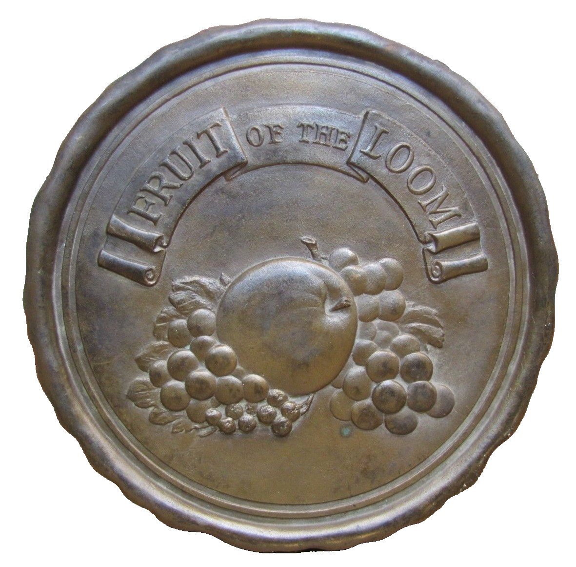 FRUIT OF THE LOOM Old Lg Embossed Brass Bronze Plaque Sign Underwear Advertising
