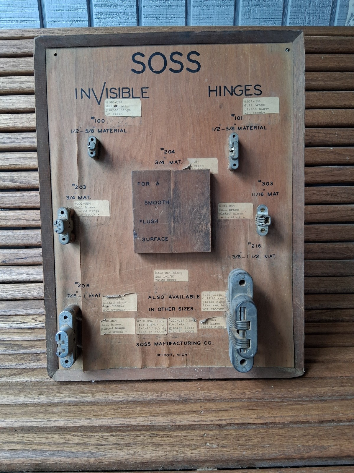 Vintage SOSS Invisible Hinges Salesman Sample Display Board- Detroit, Mich.-…