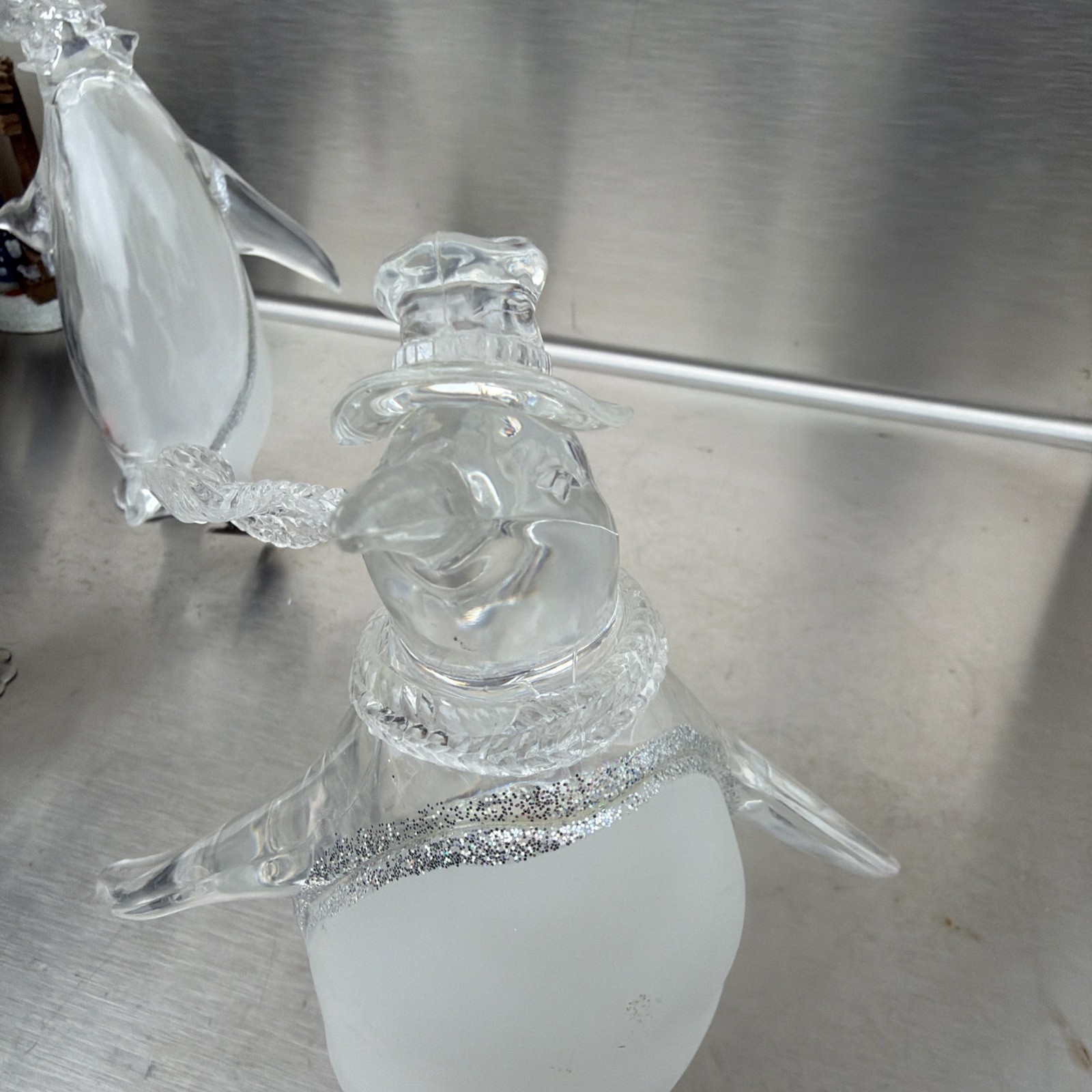Lot Of 3 Lucite Penguin On Ice Skates MCM Clear & Frosted Movie Prop- Vintage