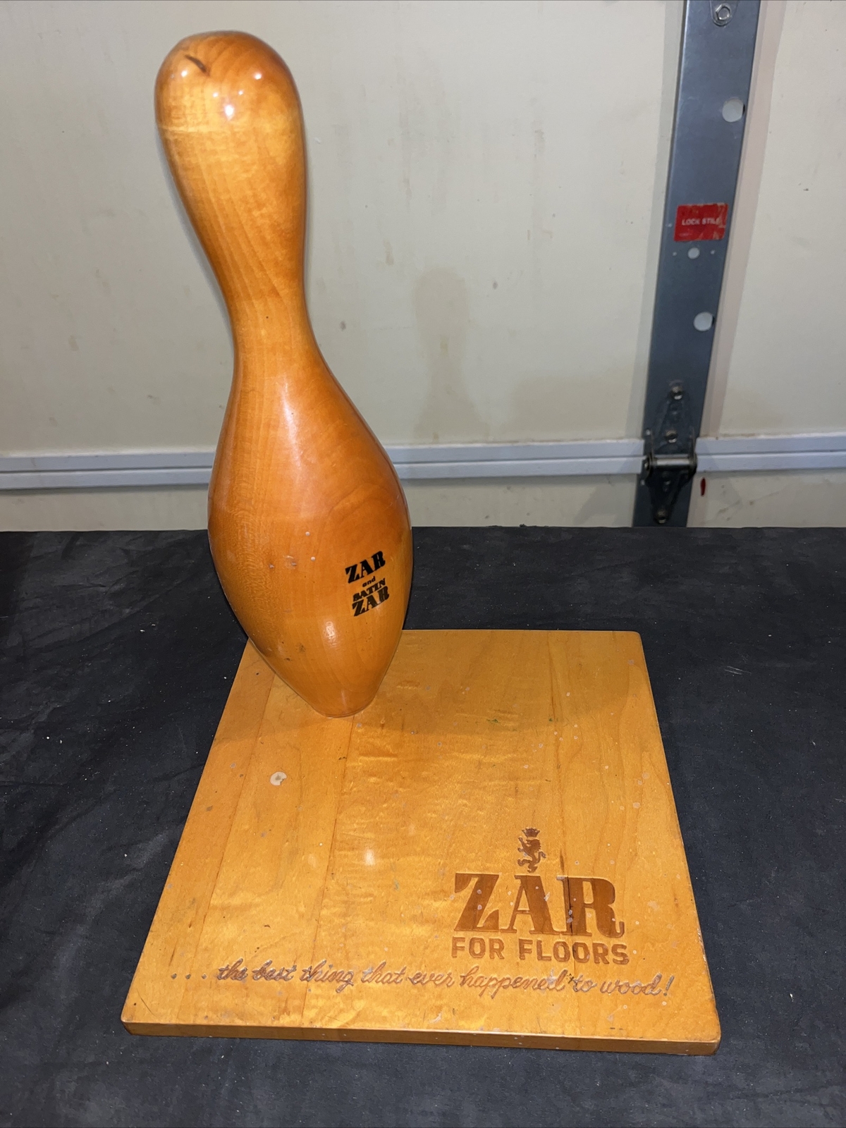 Vintage ZAR Wood Floor Finish Store Counter DISPLAY w/ Bowling Pin Imperial