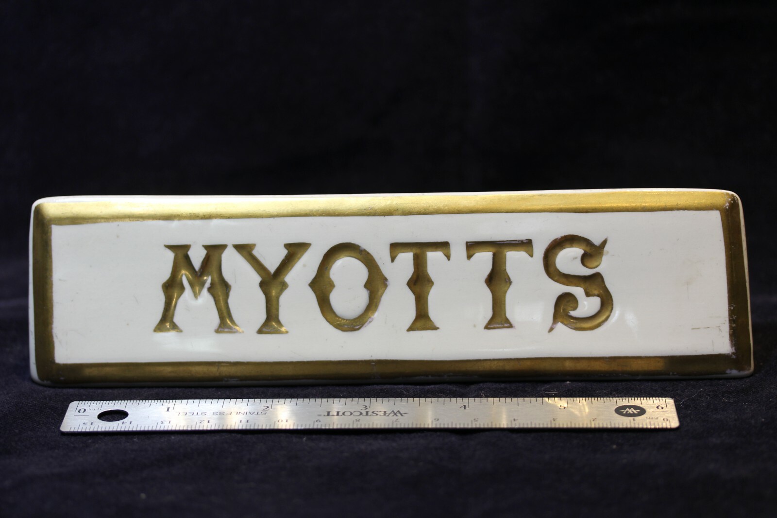 Myotts China Store Retail signage POS plaque Bone china – gold writing and edge