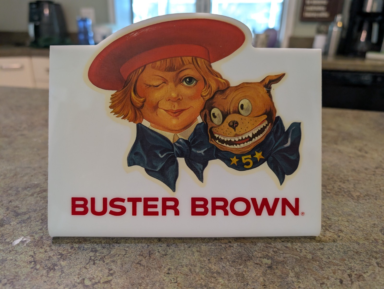Vtg Buster Brown Shoes Counter Top Advertising Plastic Sign Display 6.5×7.5″