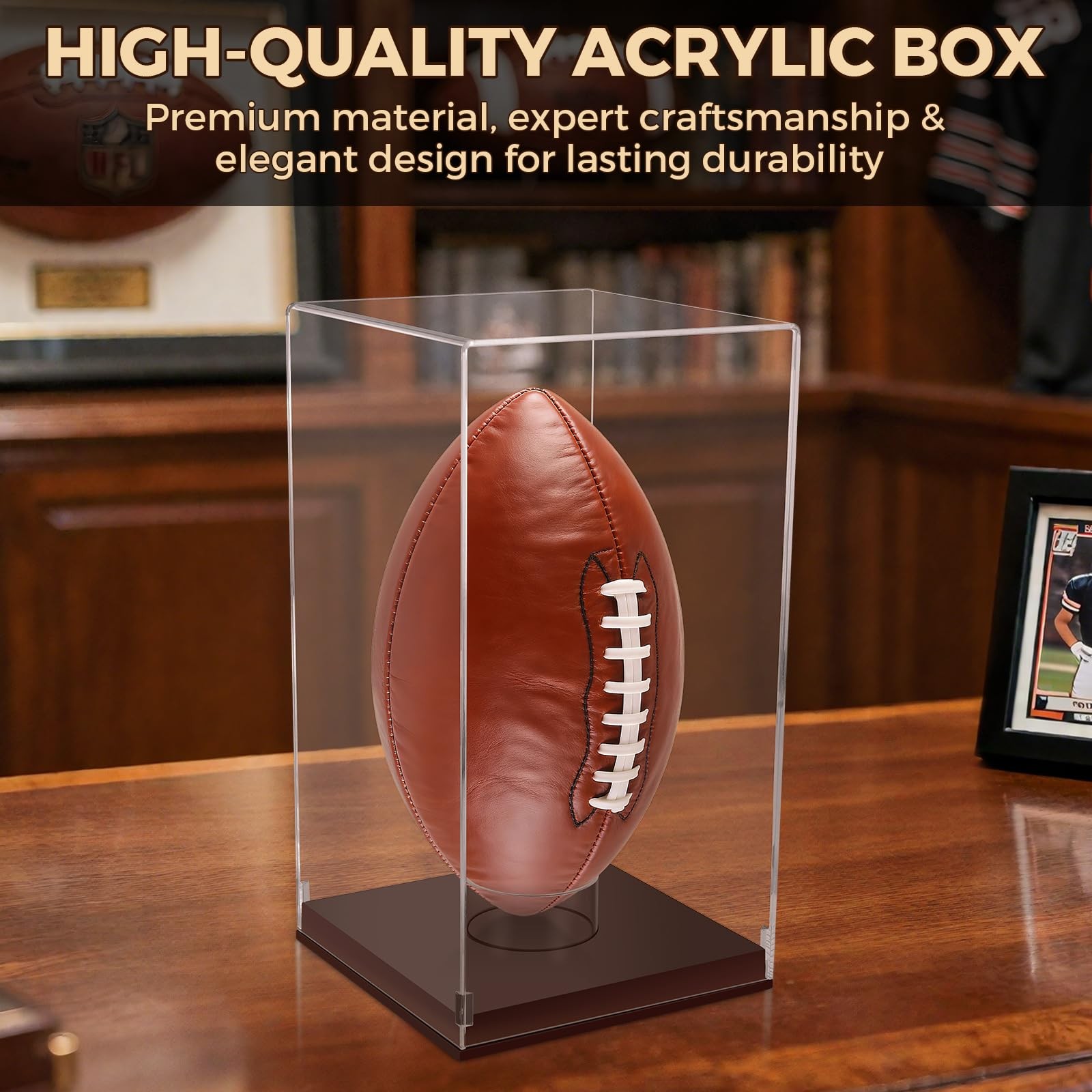 Clear Acrylic Football Vertical Wooden Case for 1 Ball, Brown