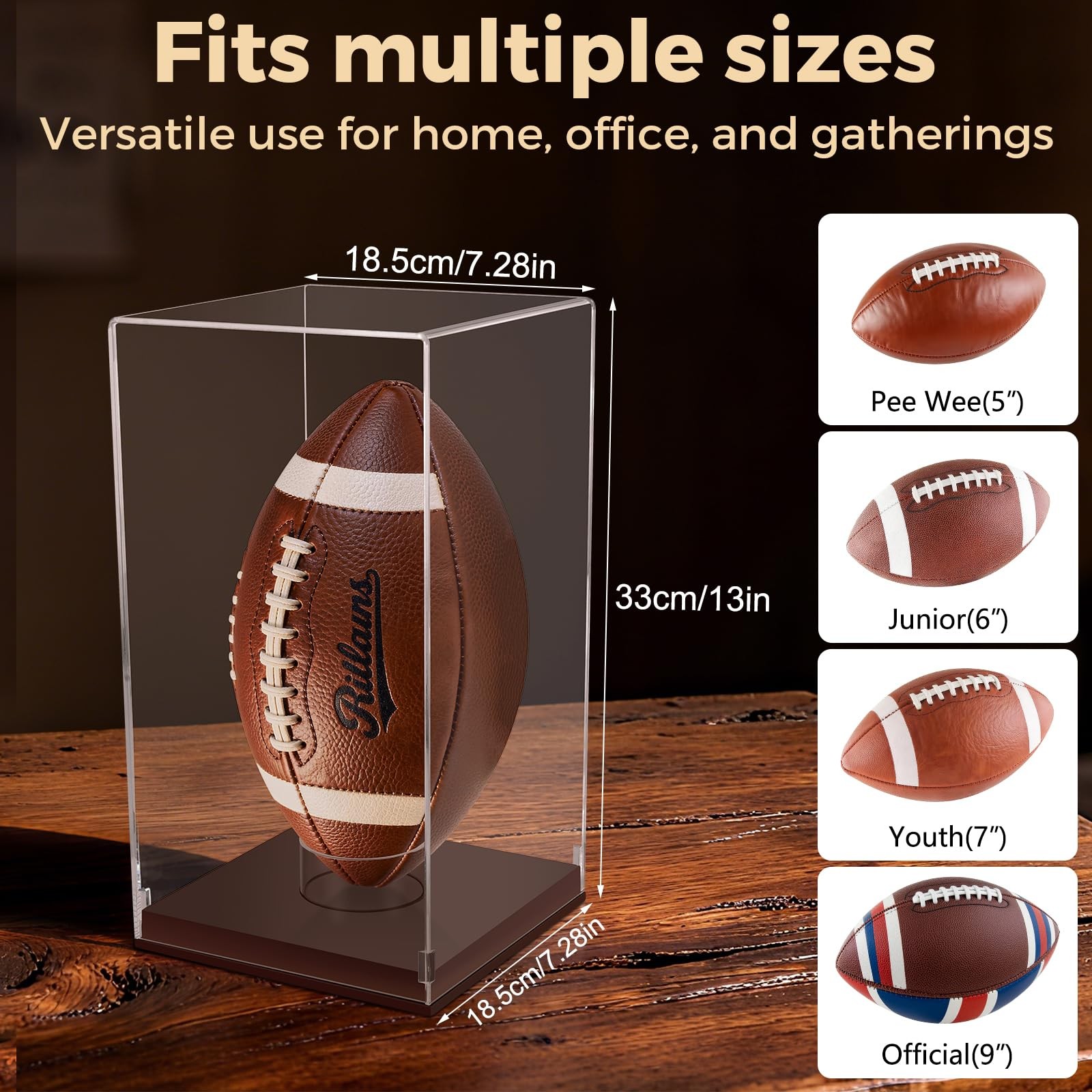 Clear Acrylic Football Vertical Wooden Case for 1 Ball, Brown