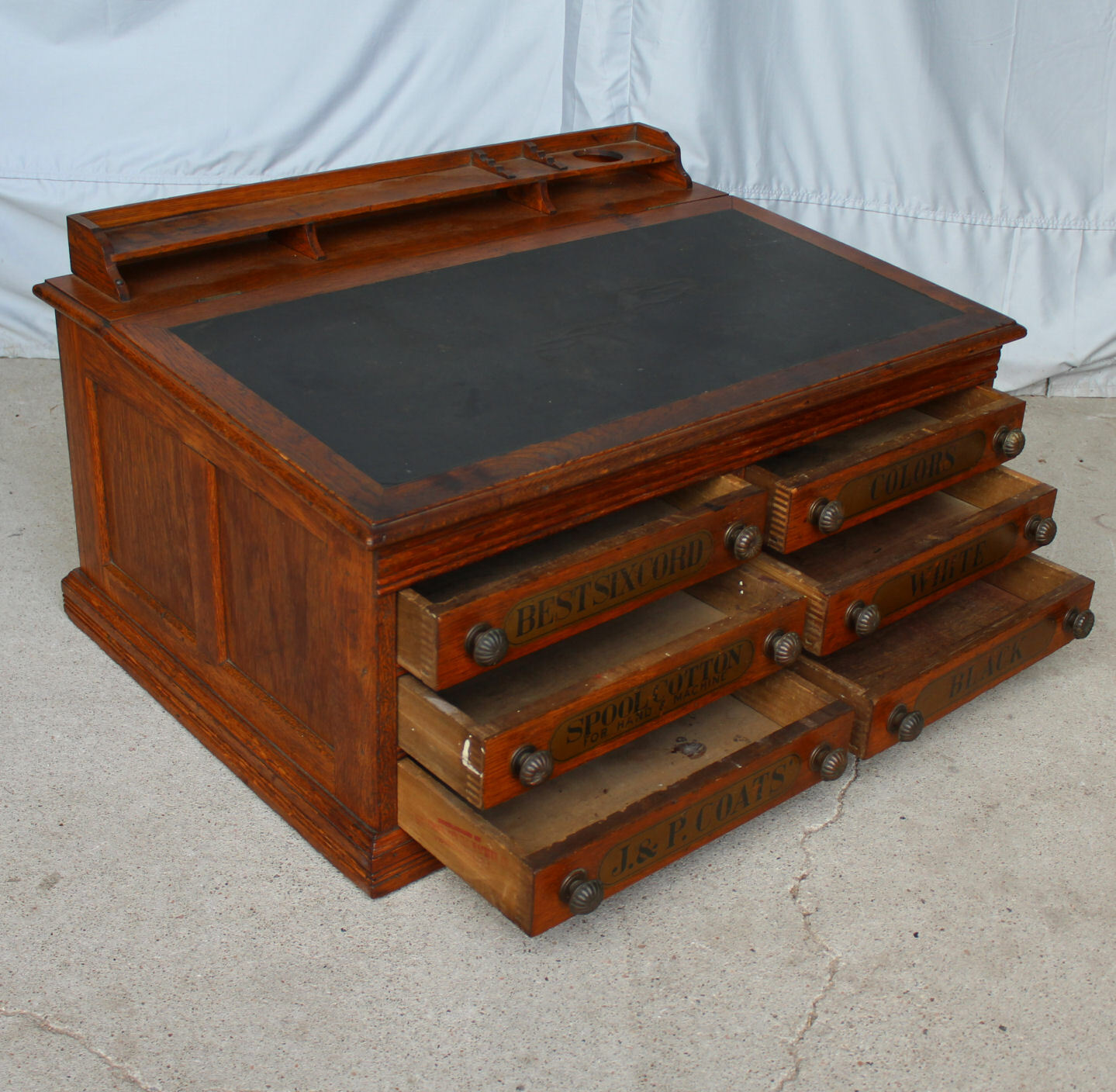 Antique J & P Oak Best Six Cord Oak Spool Cabinet – slanted lid
