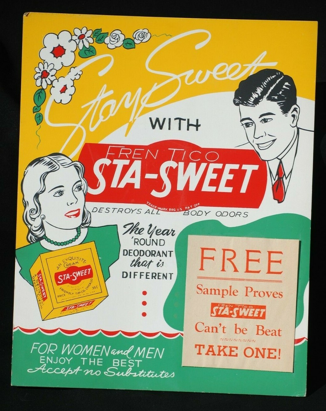 Vintage Sta-Sweet Deodorant Cardboard Easel-back Advertising Store Display