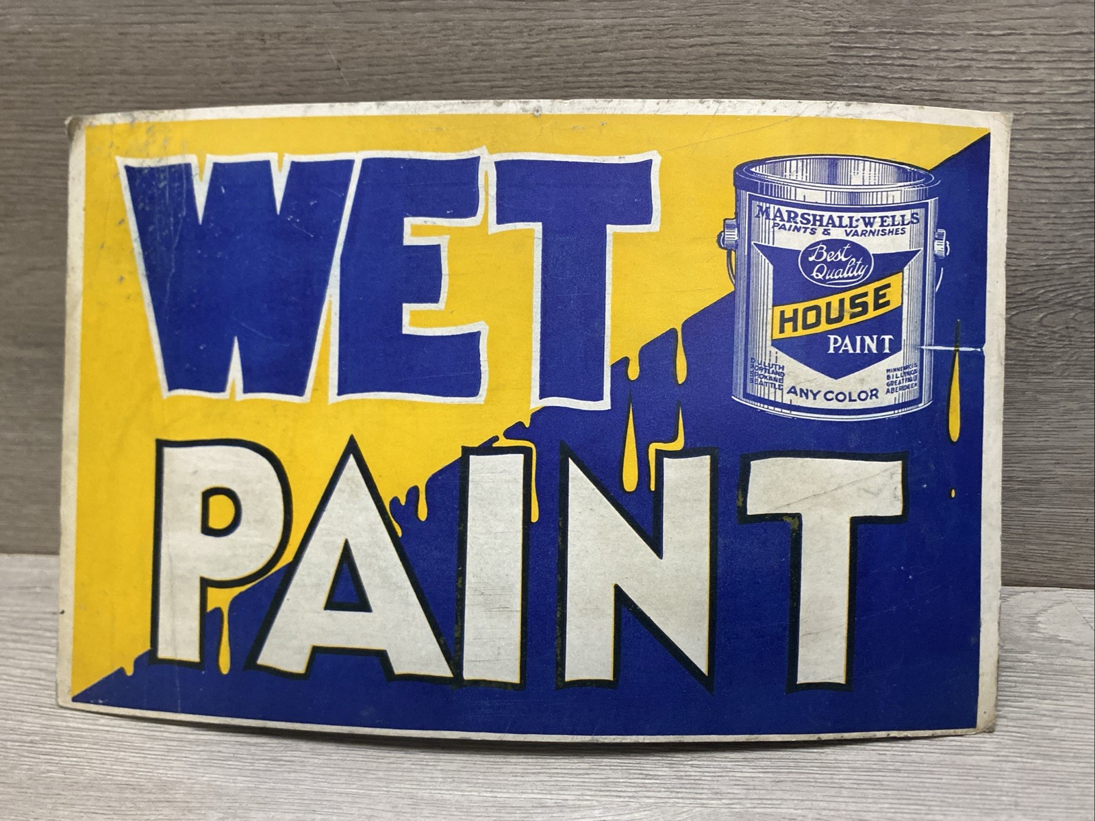 HTF Marshall-Wells Wet Paint Advertising Board Sign 11×7 Rare W/ Bucket