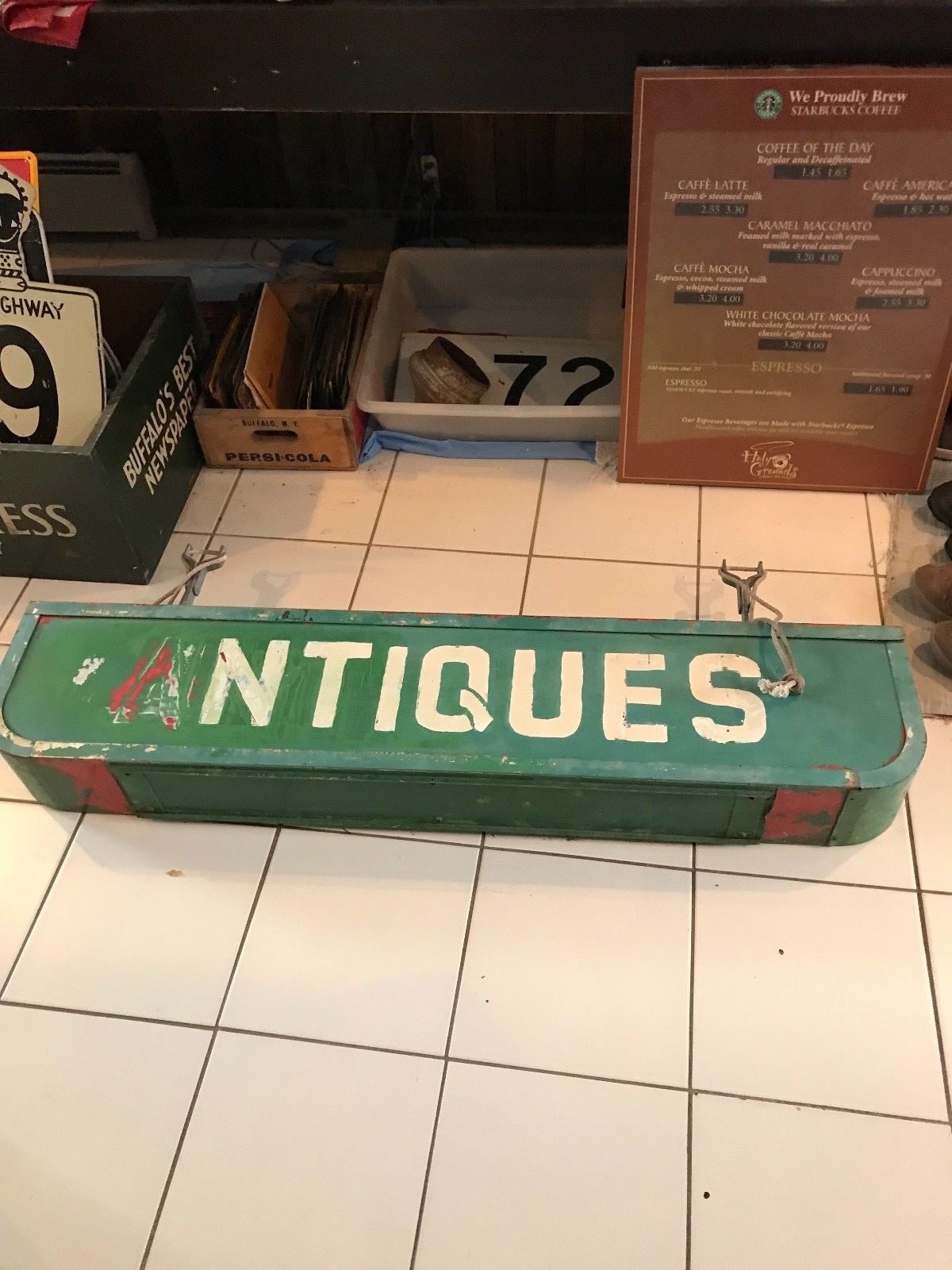 VINTAGE ORIGINAL ADVERTISING BOX SIGN 2 SIDED ANTIQUES ships salvaged Buffalo NY