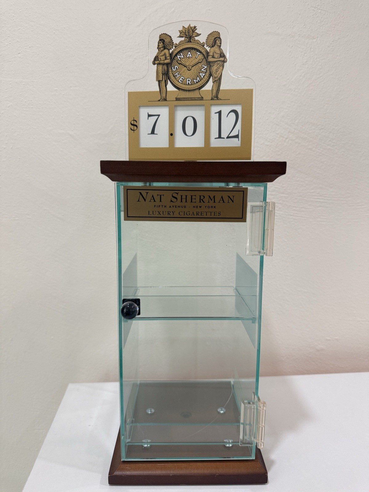 Vintage Nat Sherman Luxury Cigarettes Acrylic Counter Display Case Wood Base