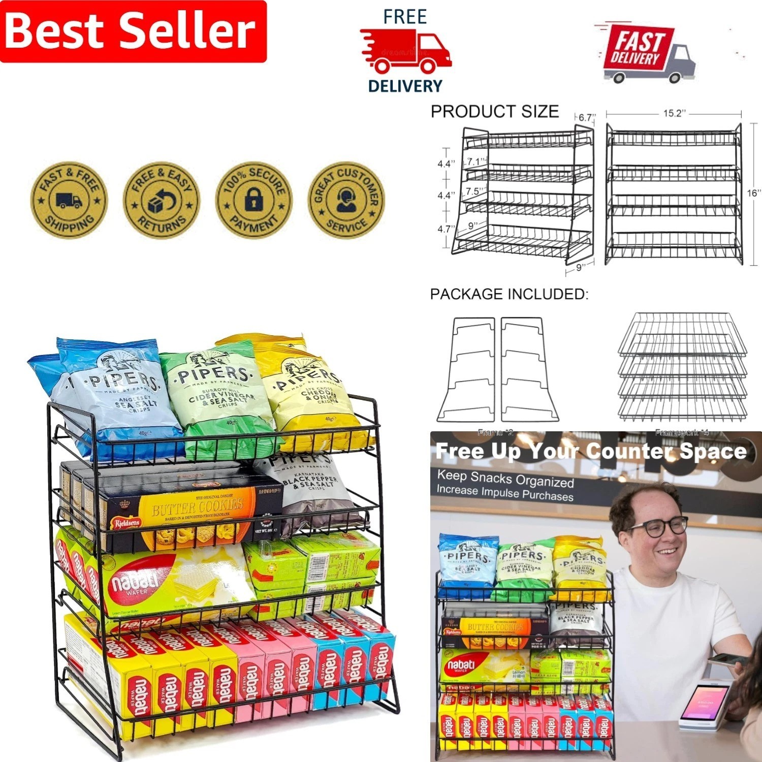 2026 Upgraded 4-Tier Candy Display Rack – Metal Snack Organizer for Countertop