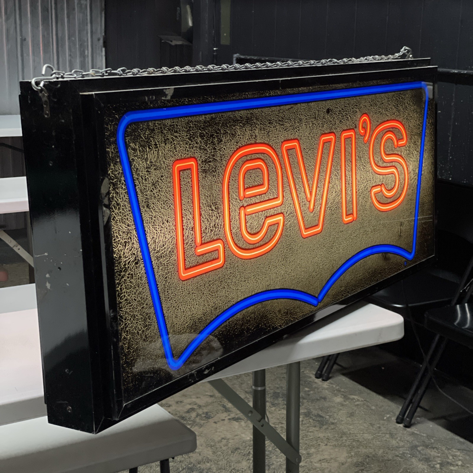 4ft 1970s – 1980s Double Sided Levi’s Denim Jeans Neon Style Sign -Working Heavy