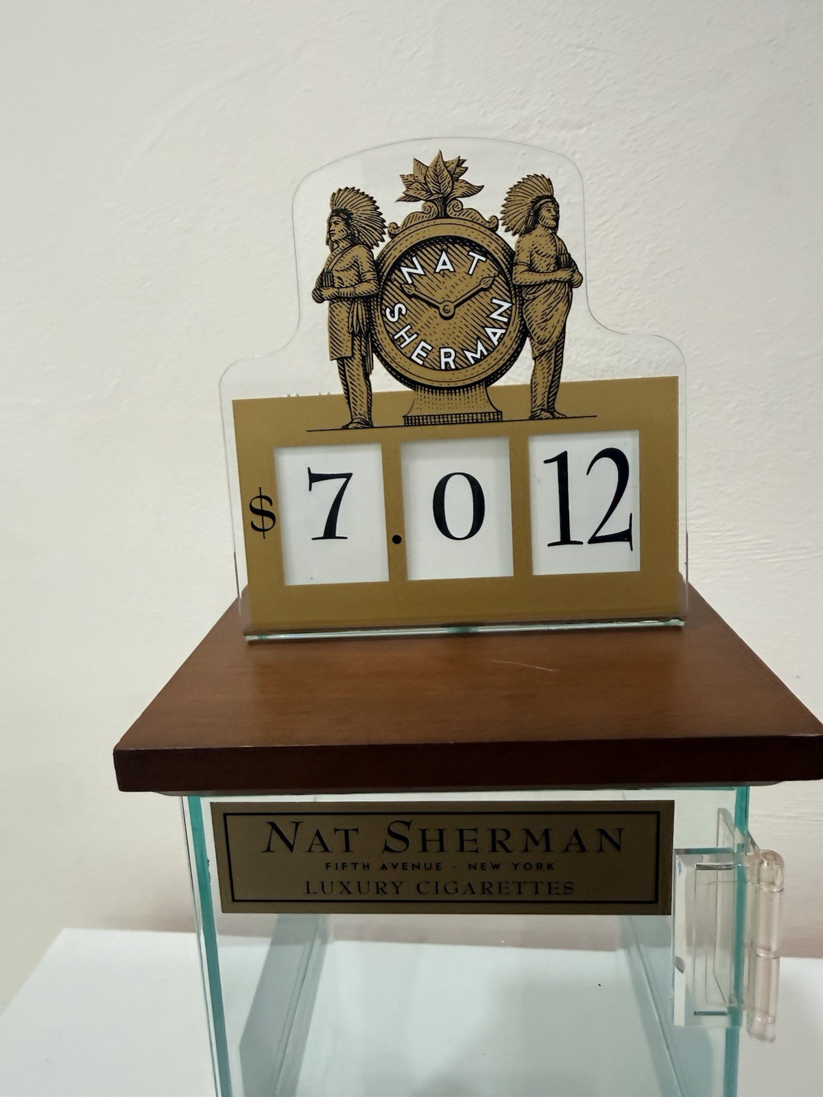 Vintage Nat Sherman Luxury Cigarettes Acrylic Counter Display Case Wood Base