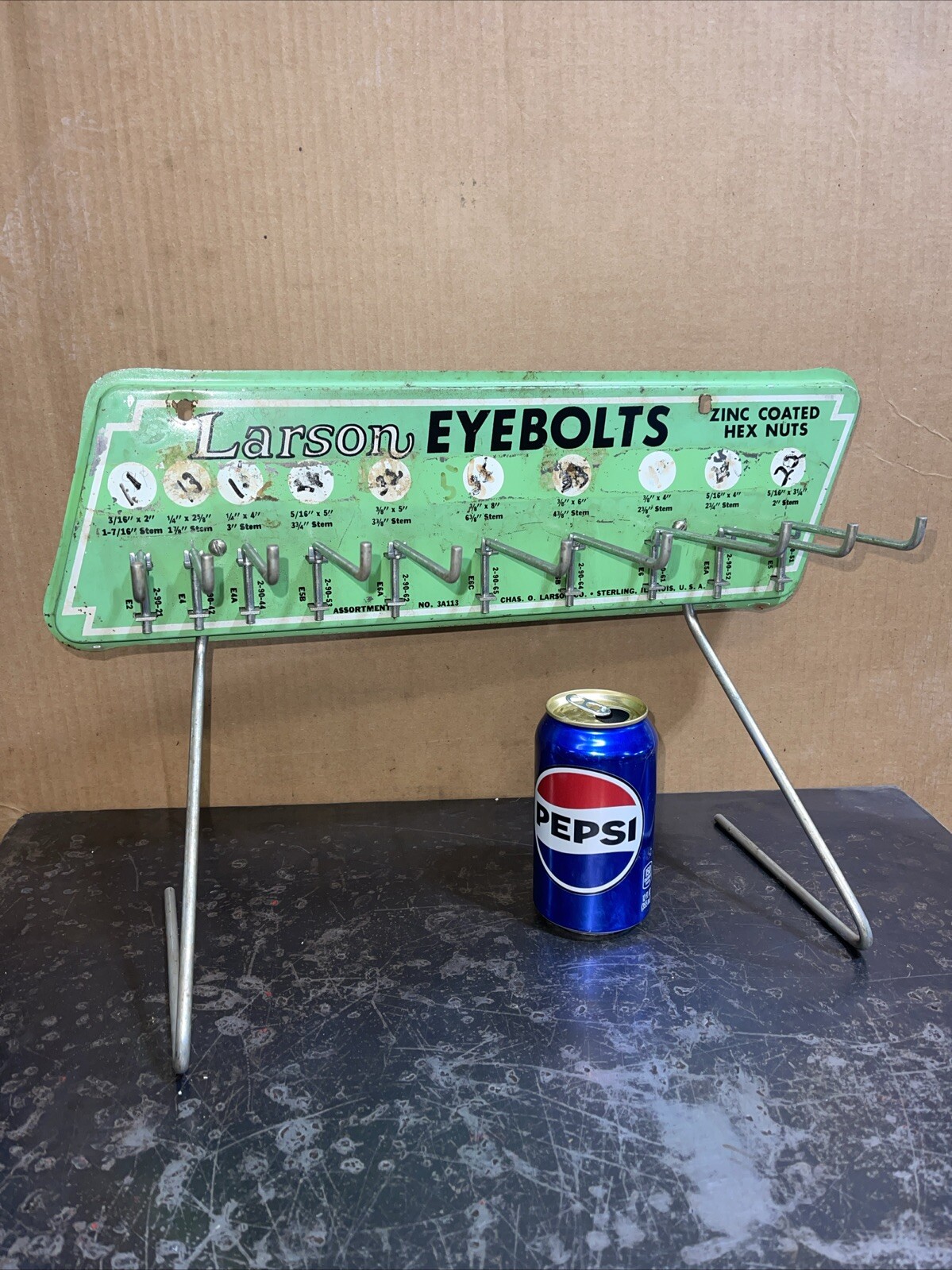 Antique Vintage Larson Eyebolts Hardware Display Rack Tin
