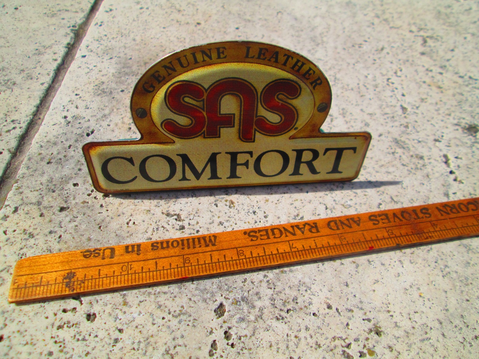 Vtg Tin Metal Comfort Genuine Leather SAS Shoe Sign 5.5″ X 3.3″