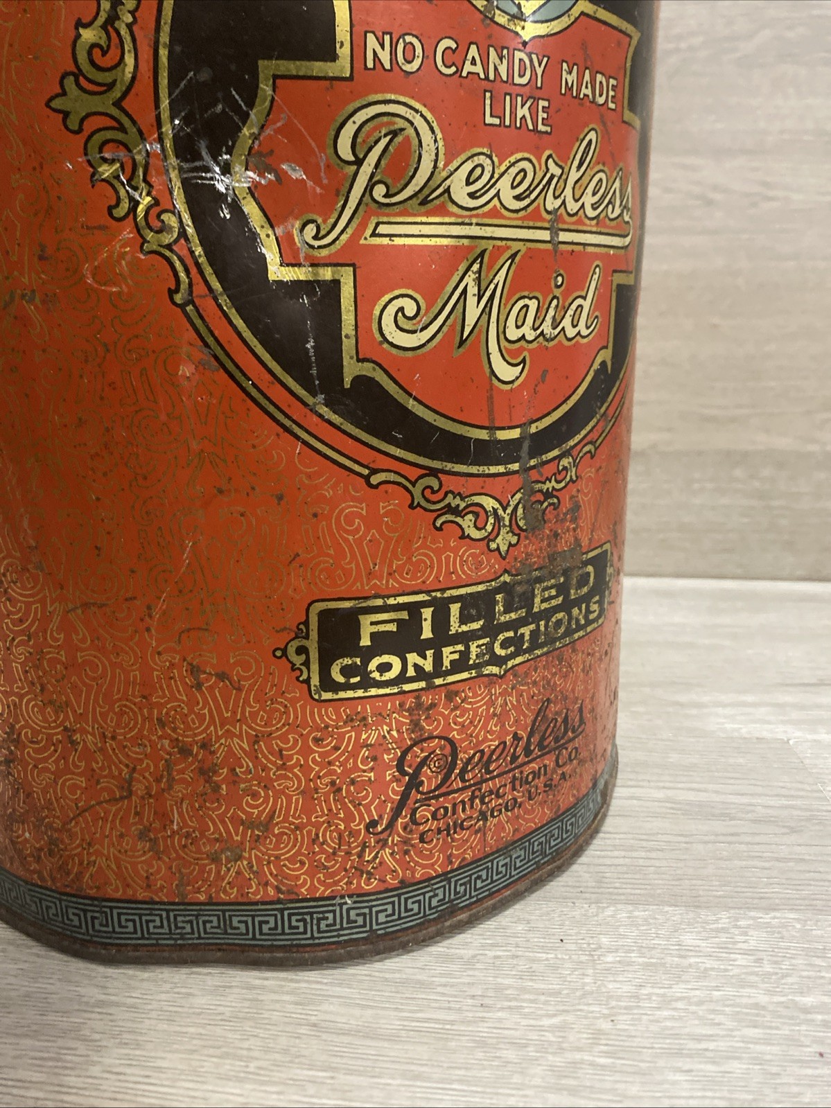 ANTIQUE EARLY 1900’S LARGE PEERLESS MAID COUNTRY STORE CANDY TIN DISPLAY 14”