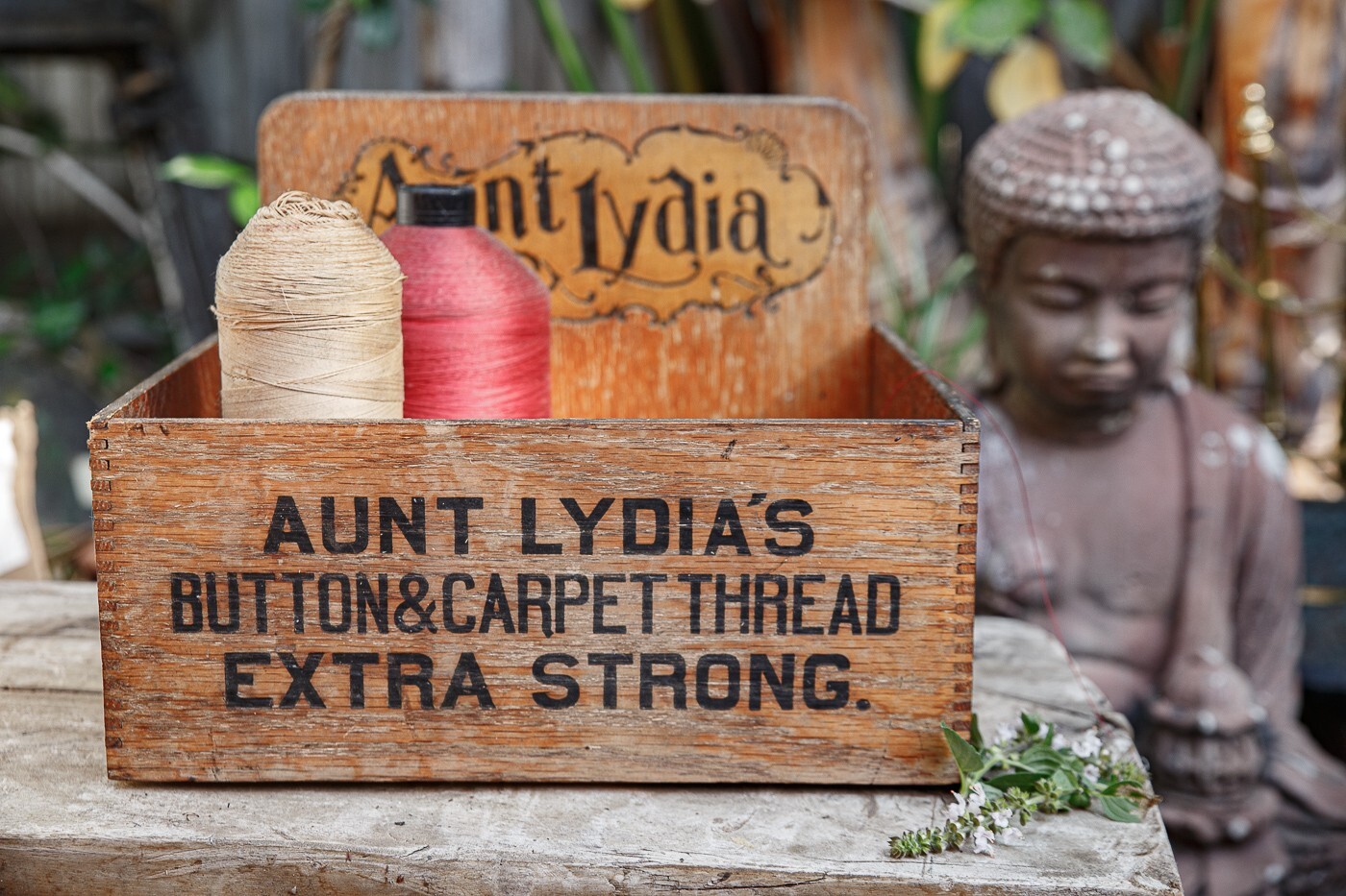 Vintage 1920s Wooden Ad Display Box Aunt Lydia’s Button & Carpet Thread