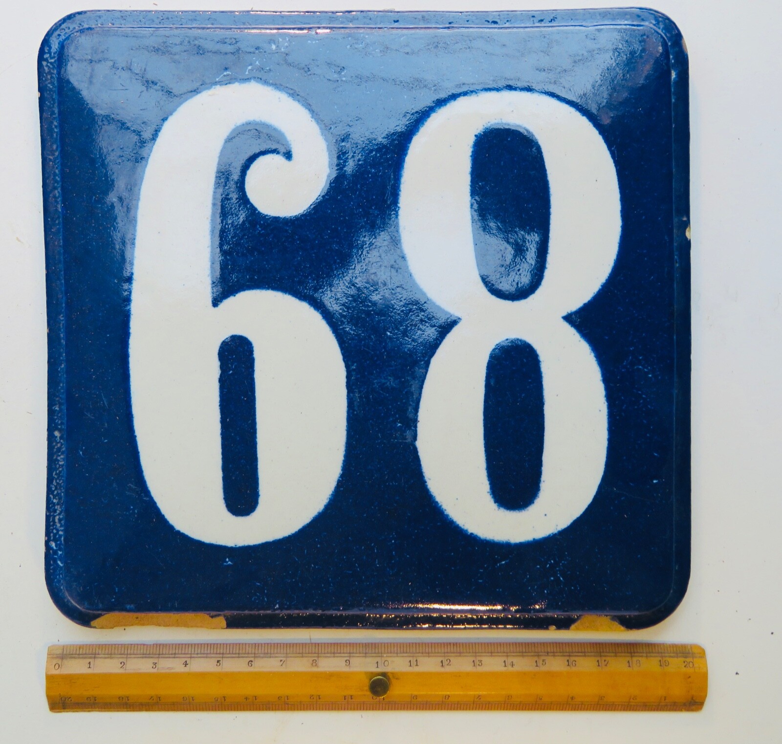 STREET NUMBER PLATE, ANTIQUE, COBALT BLUE VARNISHED CERAMIC, N°68 OR 89