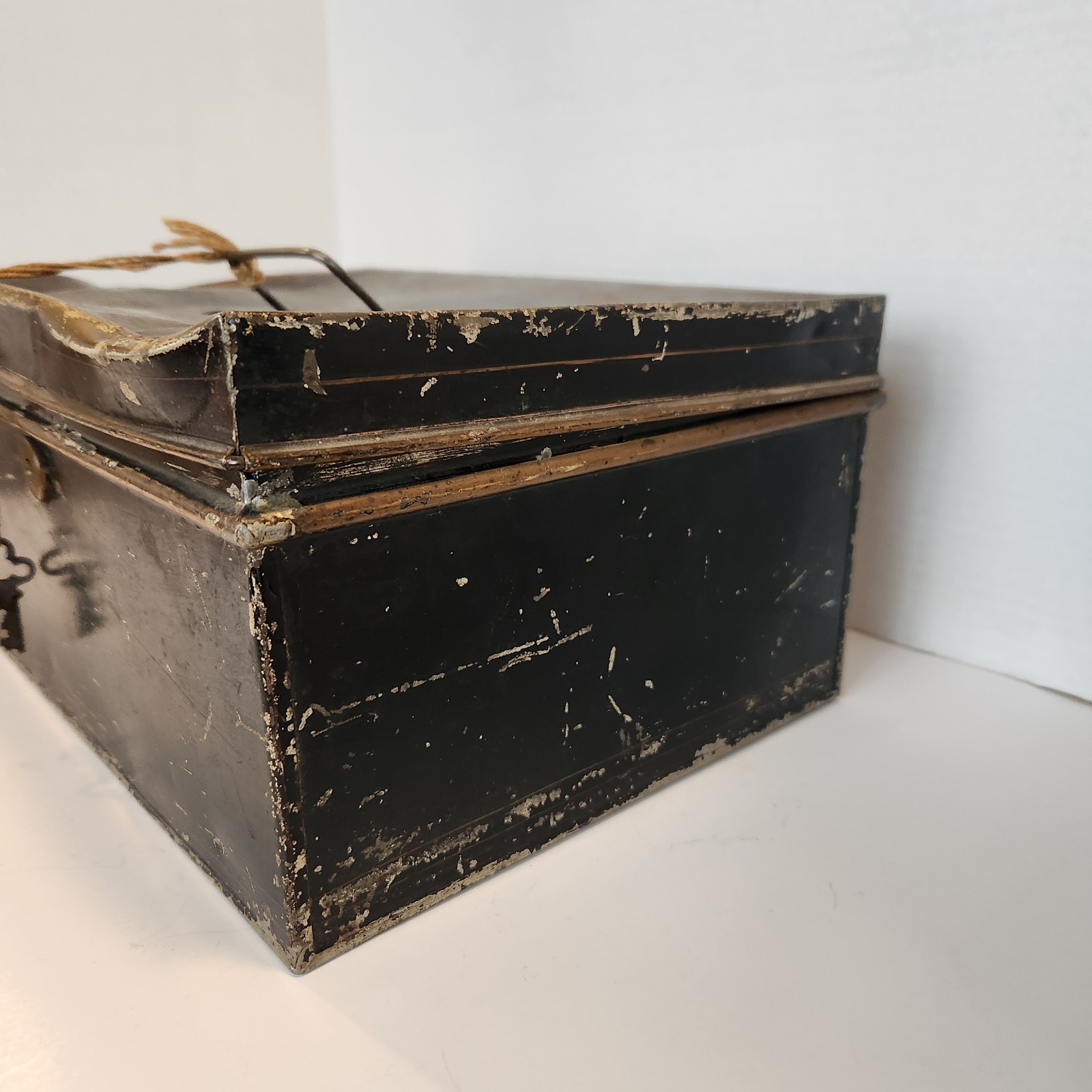 Antique Safe Metal Cash Money Box Black Locking w/Key Gold Scrollwork Distressed