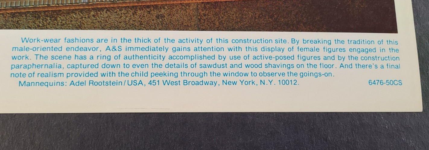 1976 ABRAHAM & STRAUS, BROOKLYN WINDOW DISPLAY PHOTO PRINT LADY CARPENTERS