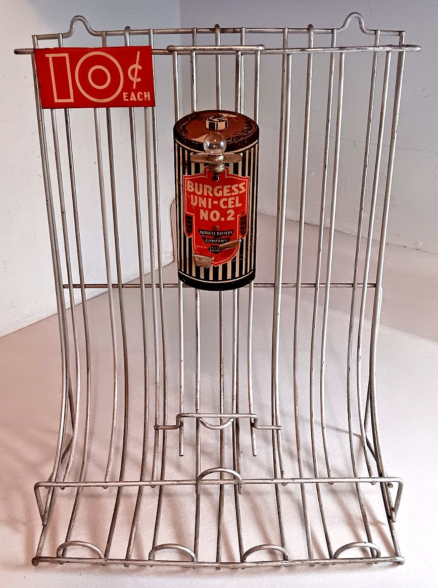 VTG 1930’S BURGESS BATTERY DISPLAY TESTER FLASHLIGHT SIZE C D-CELL RACK TIN SIGN