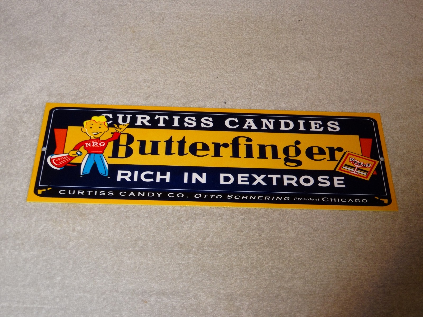 VINTAGE CURTISS CANDIES BUTTERFINGER 15″ METAL CHICAGO CHOCOLATE CANDY BAR SIGN!