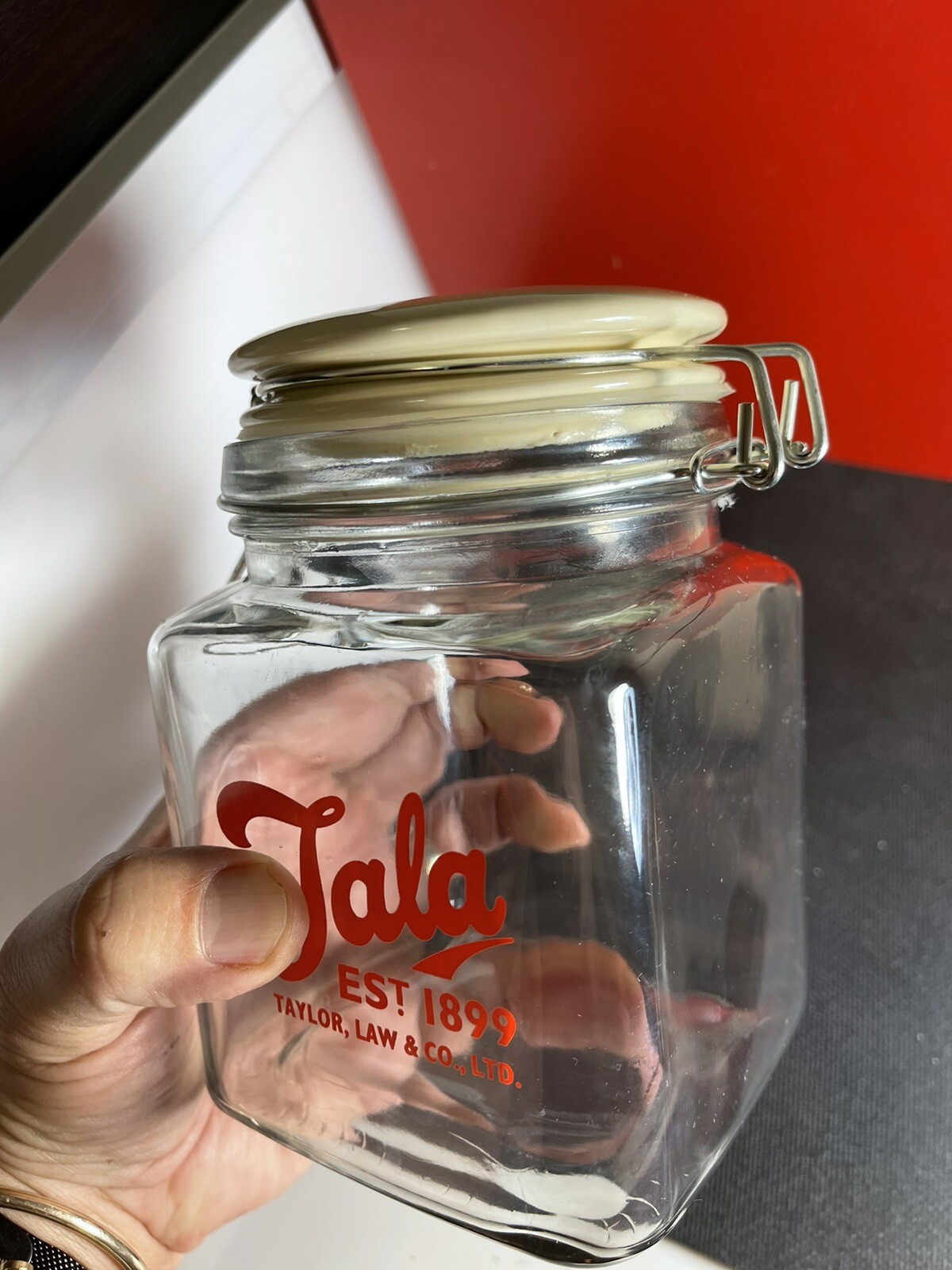 TALA Est 1899 Taylor Law Store Counter Glass Lidded Canister Jar Display