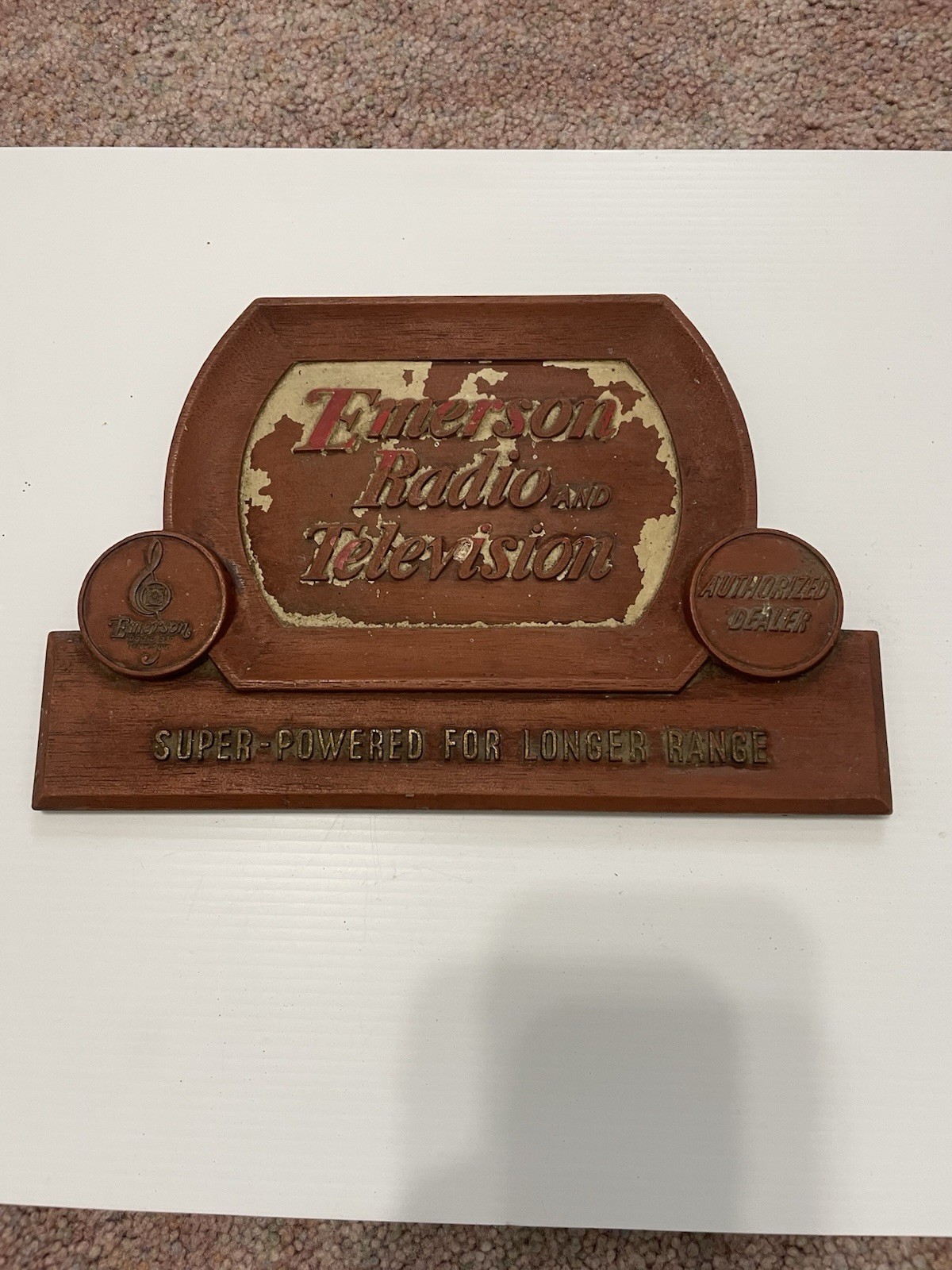VTG Emerson TV Radio Dealers Store Counter Display Plaque Stand Advertisement