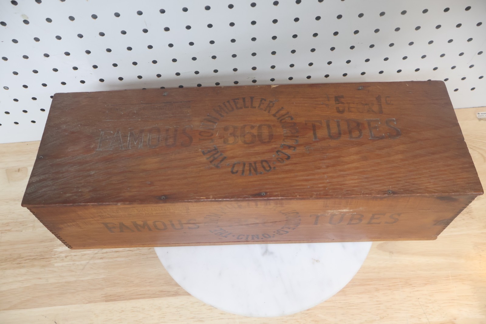 Antique Original John Mueller Licorice 17″ Long Wooden Advertising Candy Crate
