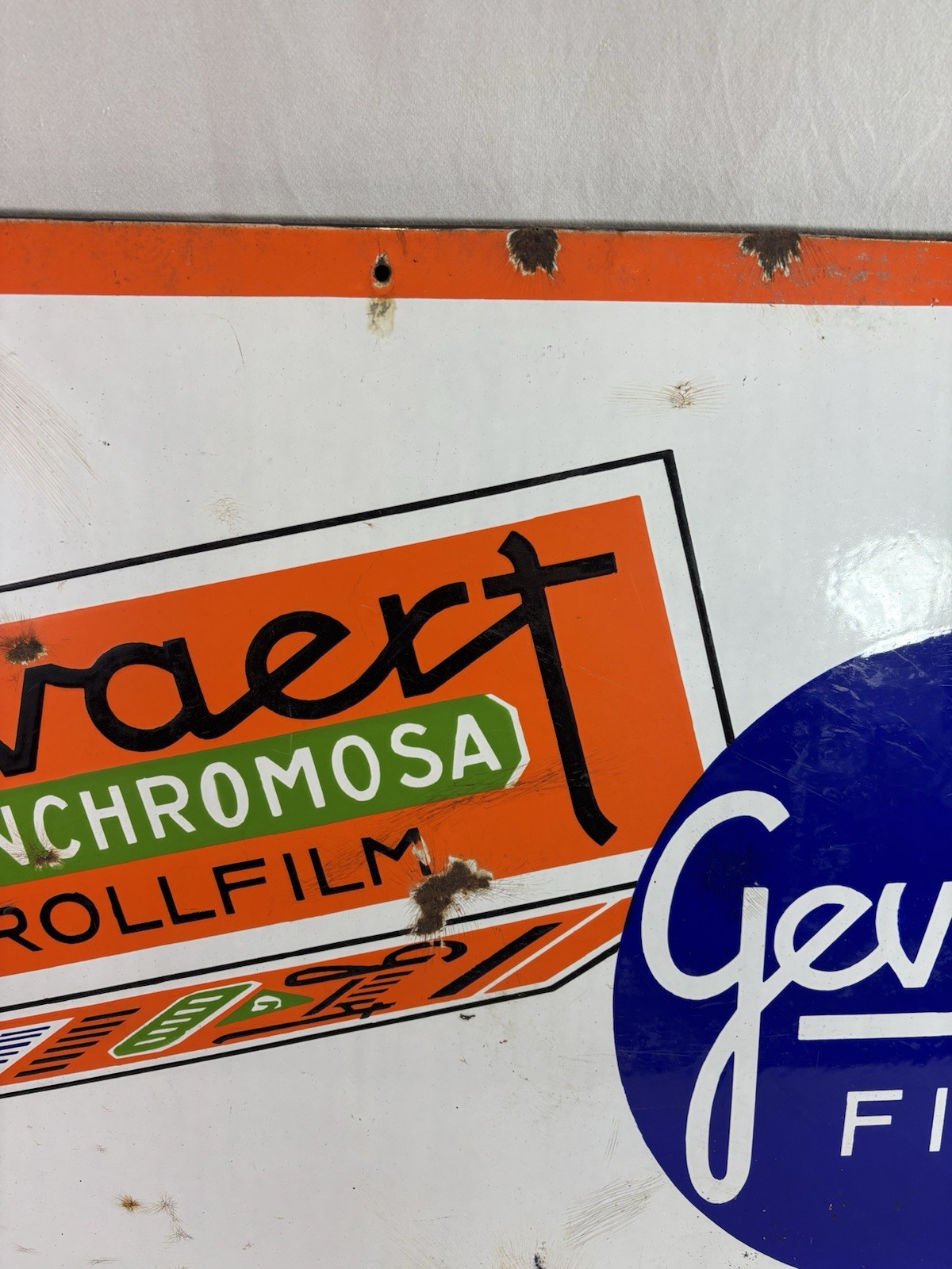 Large ANCIENT ENAMEL SIGN: GEVAERT FILM – PANCHROMOSA 107×57.5cm