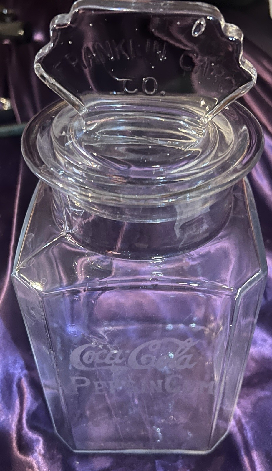 ANTIQUE COCA~COLA EMBOSSED GLASS PEPSIN GUM JAR W/LID (FRANKLIN CARO CO)