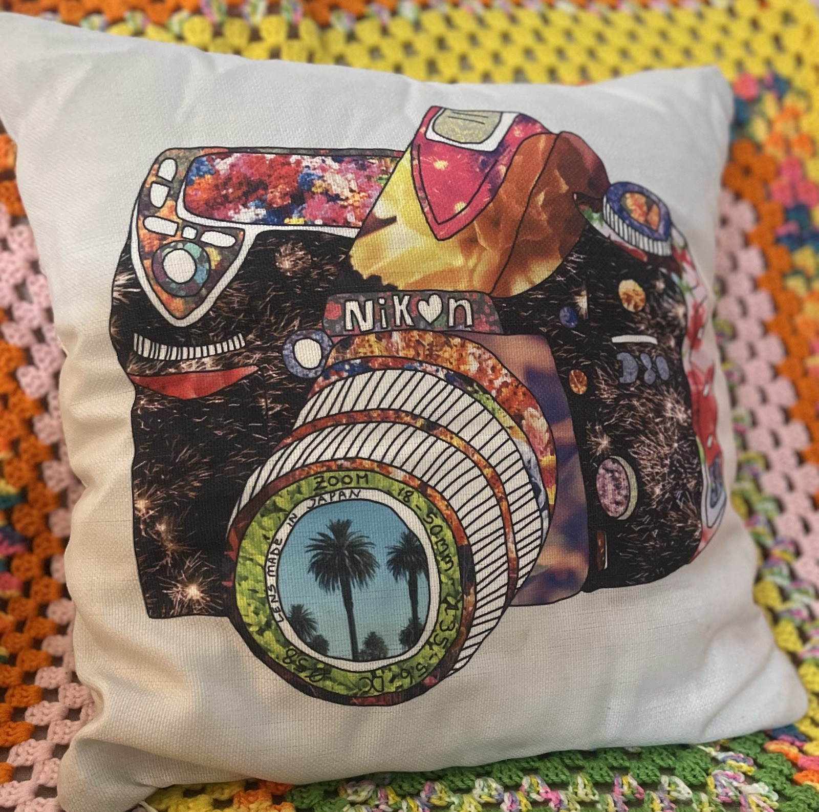 VTG Nikon Pillow 18×18” Boho Pop Art Camera Photography Advertising Decor