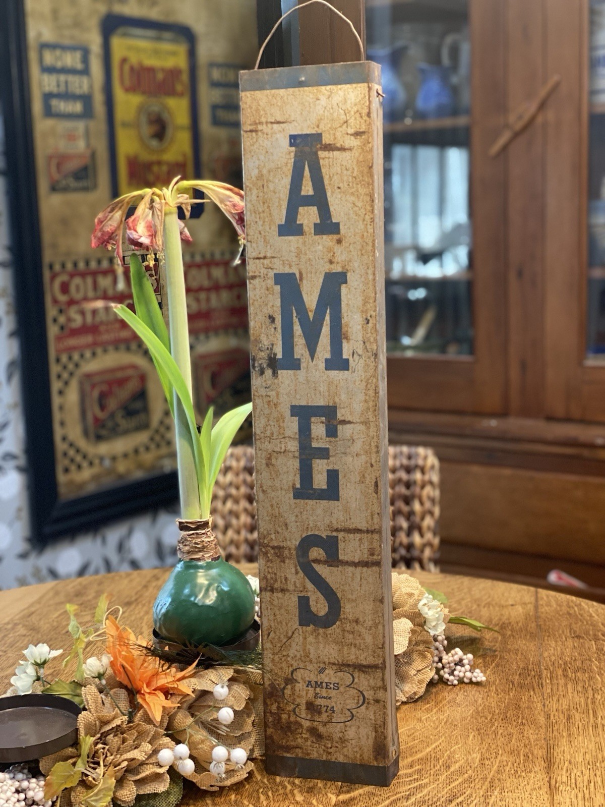 Vintage AMES Metal Hanging Sign “AMES Since 1774” Rustic Industrial Farm Decor