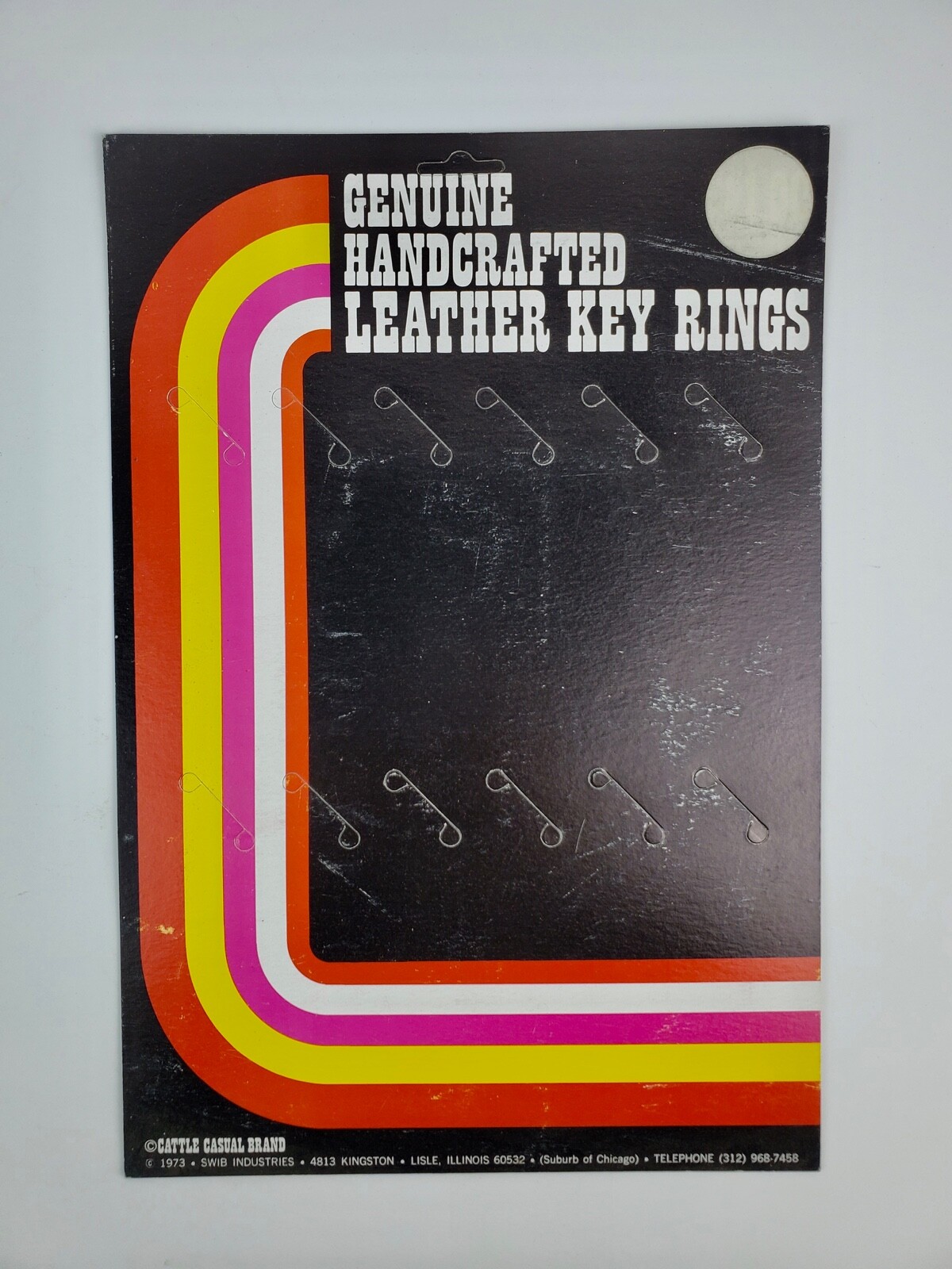 Vintage 1973 Genuine Leather keychain cardboard store display EMPTY easel back