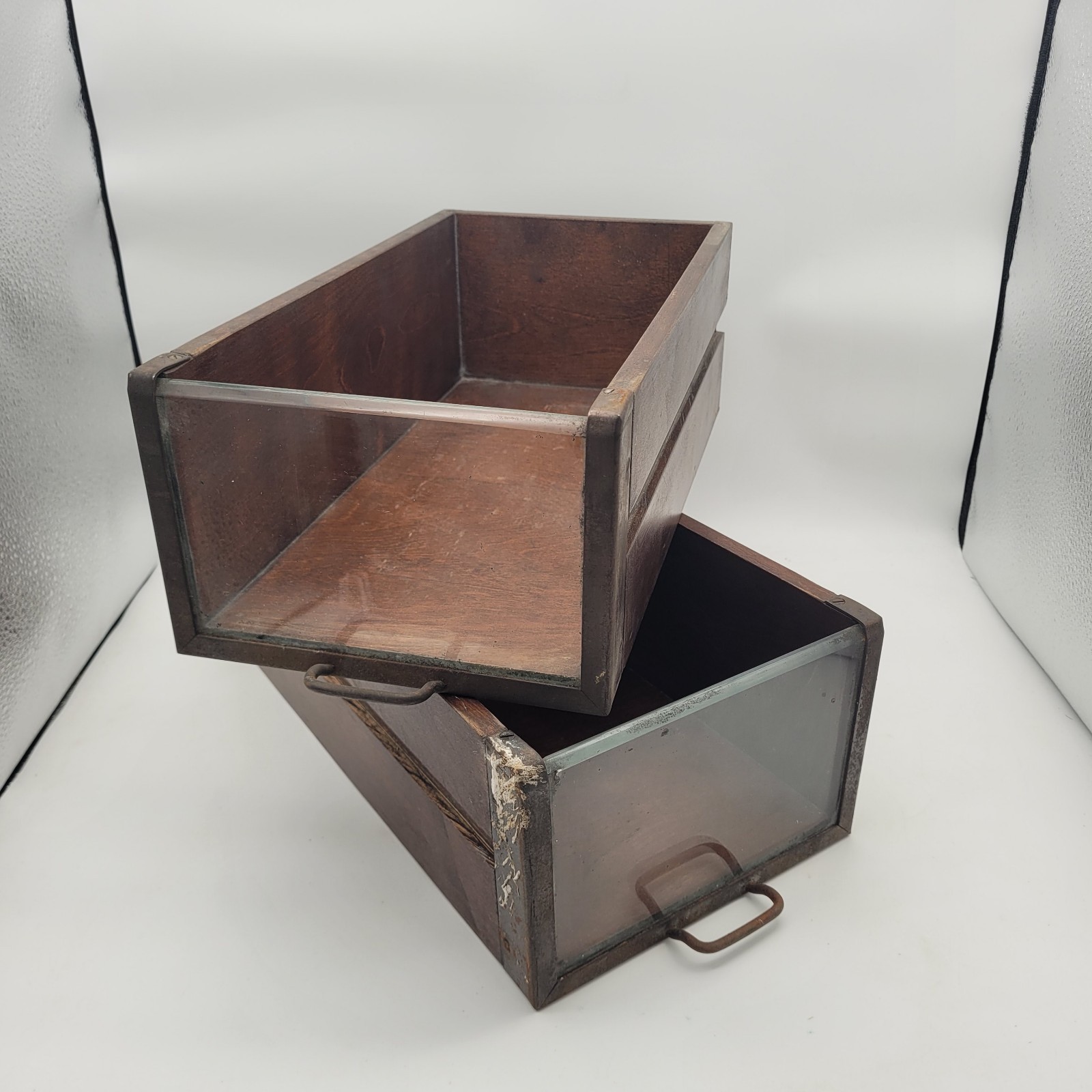 Pair Antique Store Drawer Case Wood Metal Glass 14″ Long, Shoes or General Goods