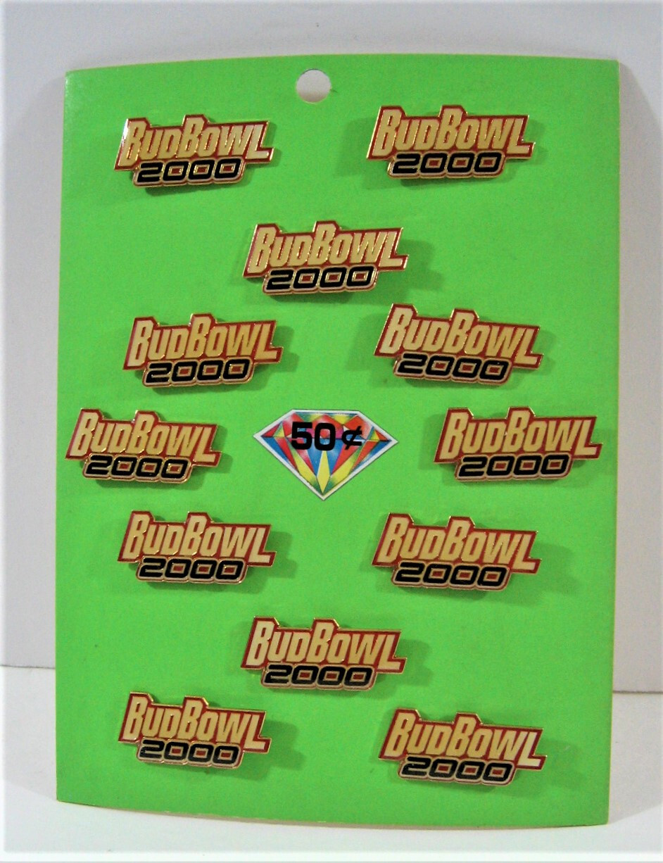 Vintage Budweiser Beer Bud Bowl 2000 Pin Display 12 On Card Old Stock