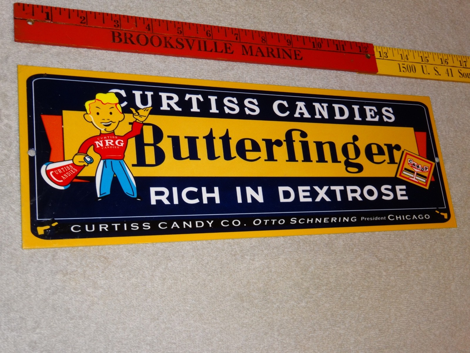 VINTAGE CURTISS CANDIES BUTTERFINGER 15″ METAL CHICAGO CHOCOLATE CANDY BAR SIGN!