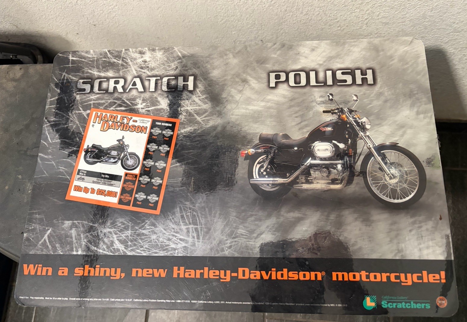 Vintage 2001 Harley-Davidson California Lottery Counter Mat Store Display Sign