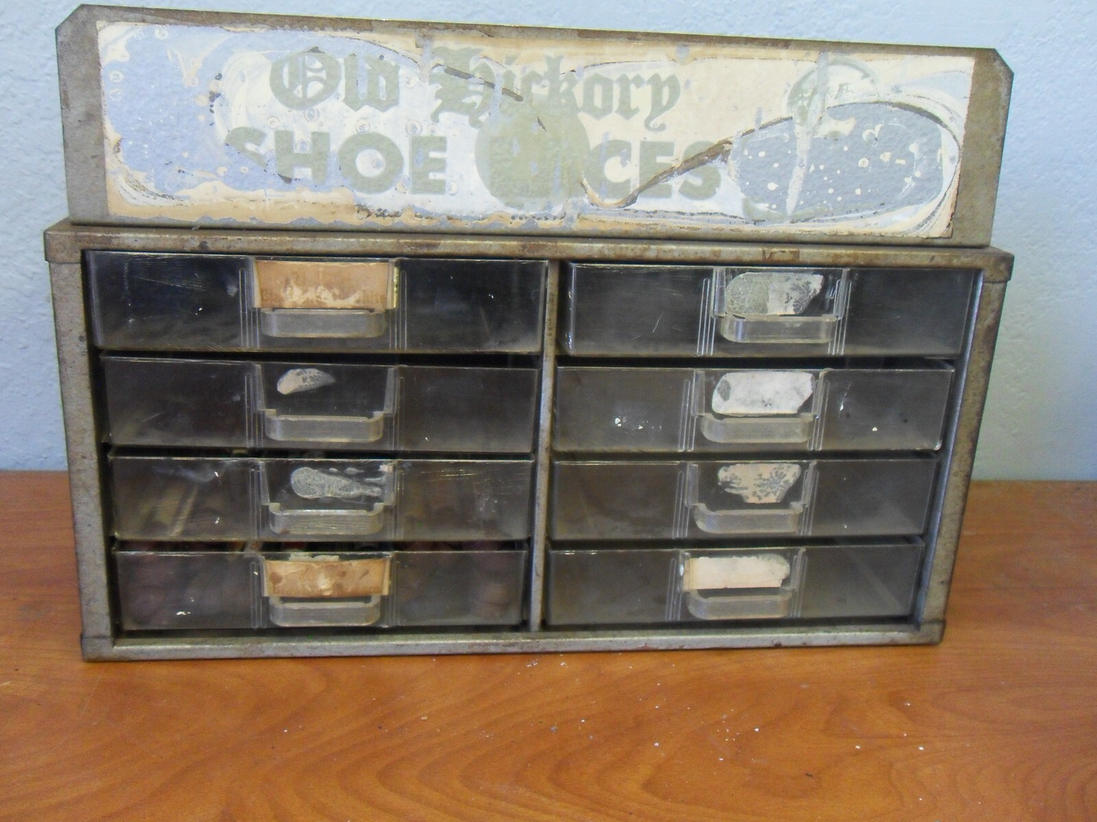 VTG Antique Old Hickory Shoe Laces Store Display Cabinet 14 LACES + 11 OTHER