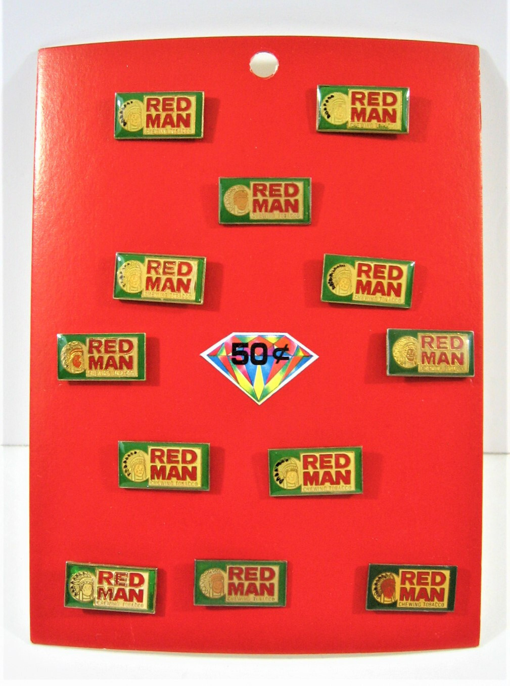 Vintage Red Man Chewing Tobacco Pin Display 12 On Card Old Stock