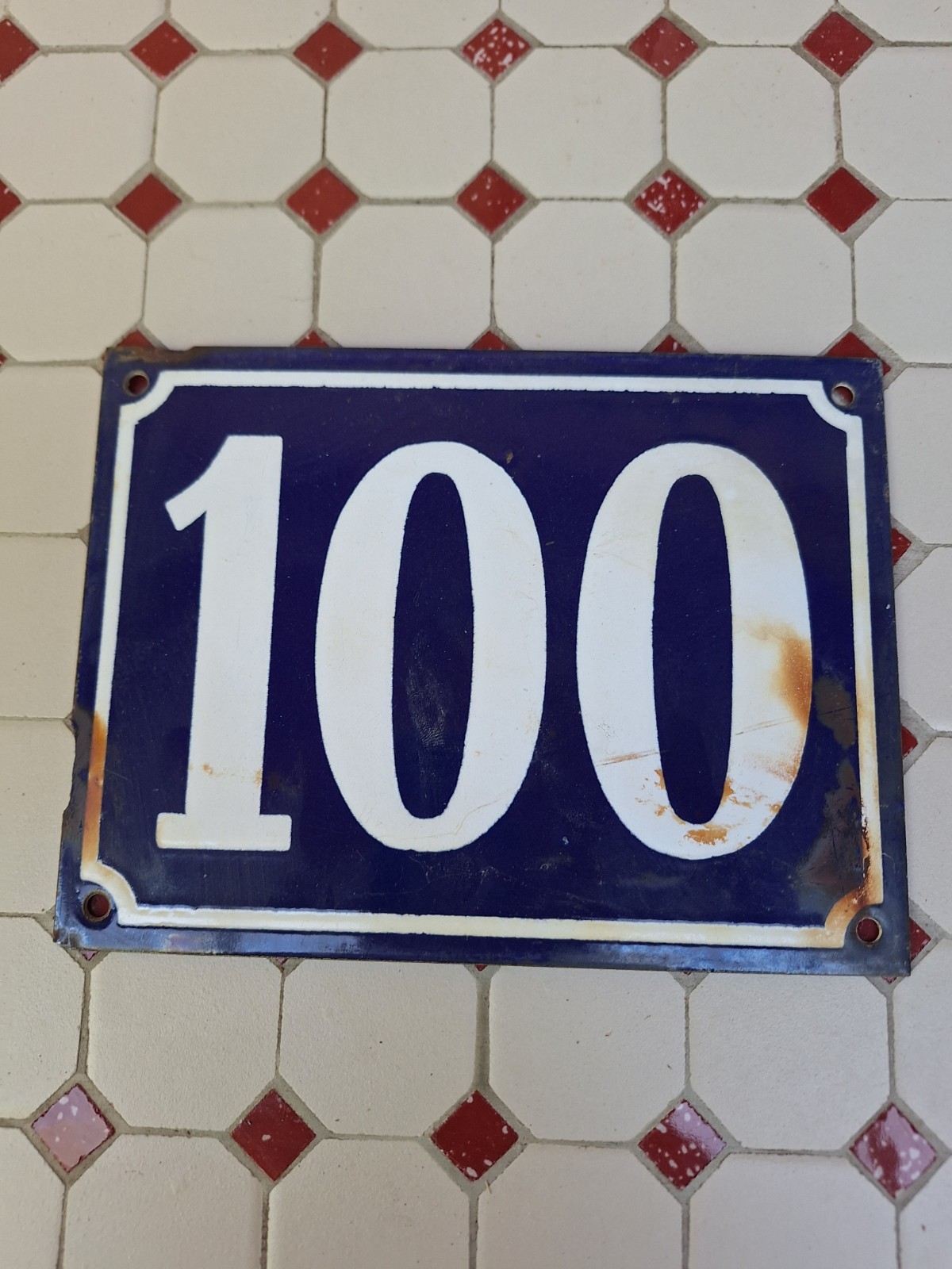 Large Antique Enameled Plaque Street Number 100 20X15cm Navy Blue Enamel
