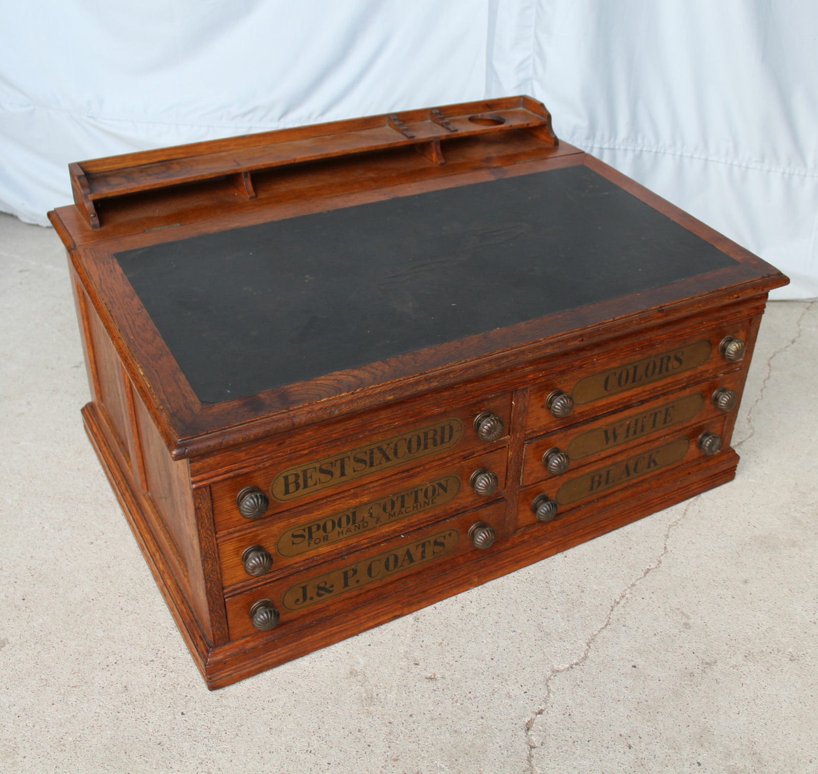 Antique J & P Oak Best Six Cord Oak Spool Cabinet – slanted lid