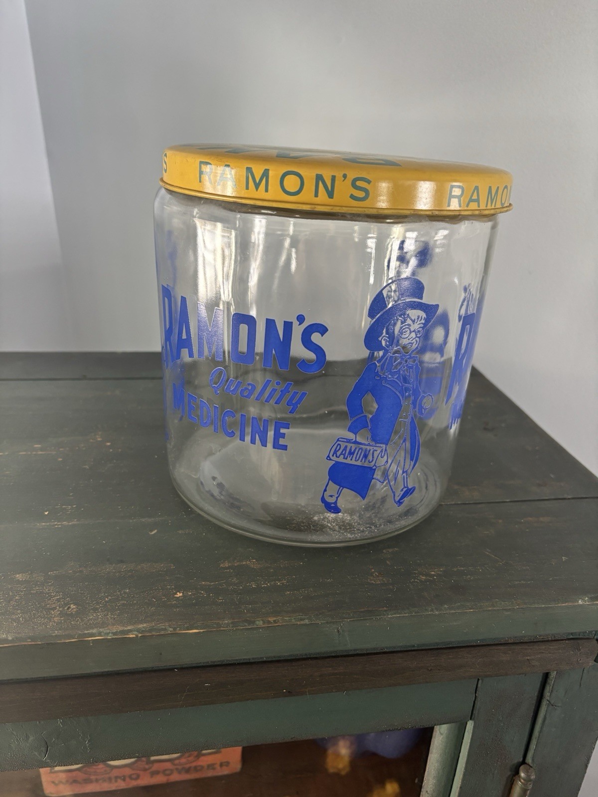 1930s Vintage Ramon’s Quality Medicine Store Display Jar Metal Tin Lid Rare