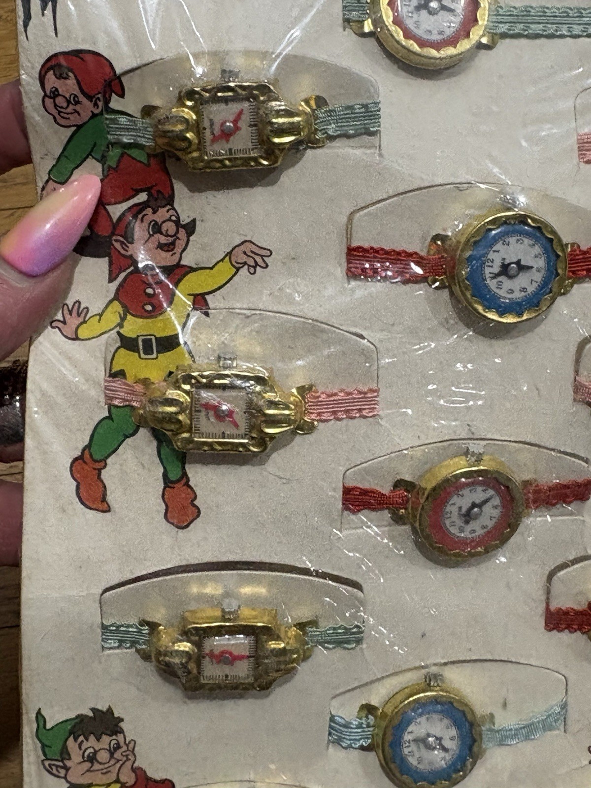 Vintage Snow White & 7 Dwarfs Toy Watch Store Display Card Old Store Stock Japan