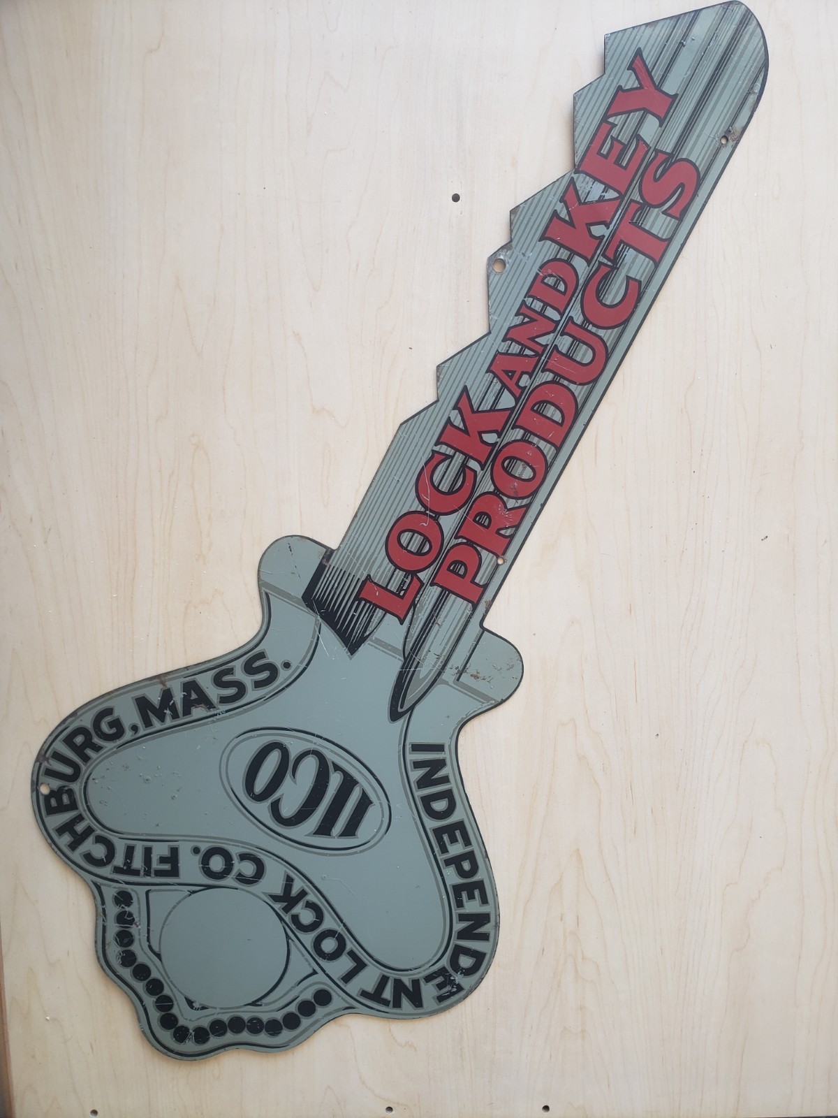 Early Vintage ILCO KEYS Metal DOUBLE SIDED Advertising Trade SIGN Fitchburg, MA