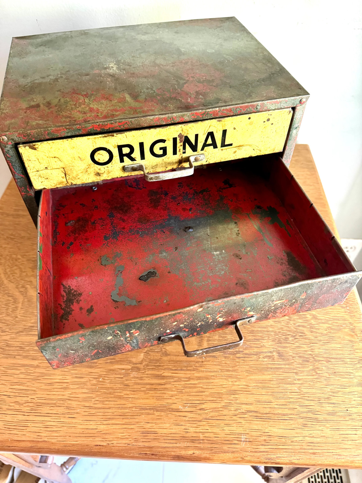 Vtg Distressed Weatherhead Original Equipment Fittings Cabinet| Rustic Metal Bin