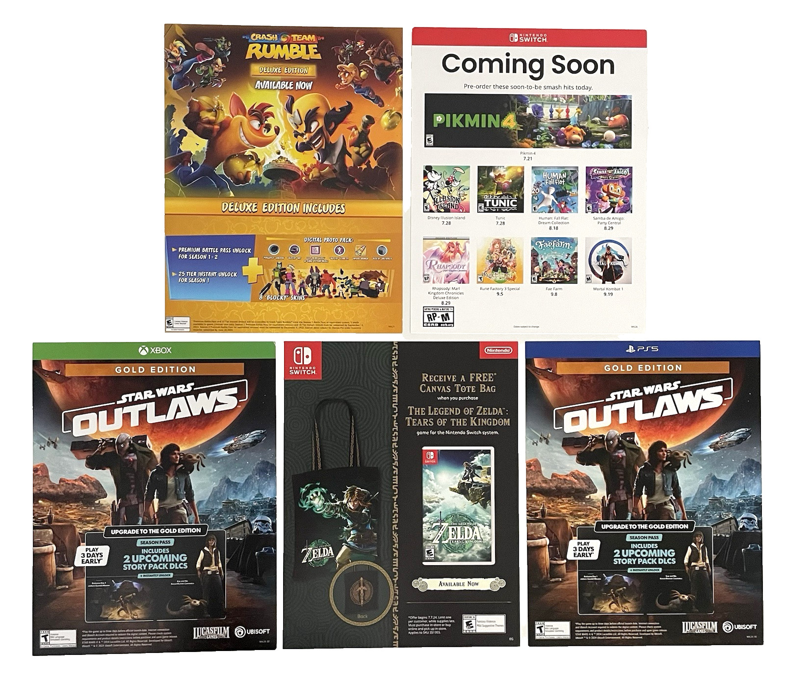 Lot of 5 Video Game Promo Lobby Cards 8.5″ x 11″ XBOX, PS5, Nintendo Switch