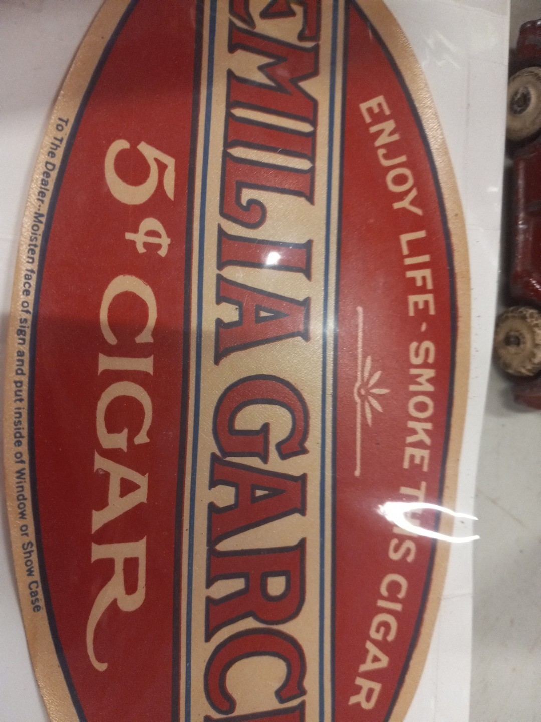 1930’s vintage EMILIA GARCIA 5¢ CIGAR large 8″ wide oval store window decal