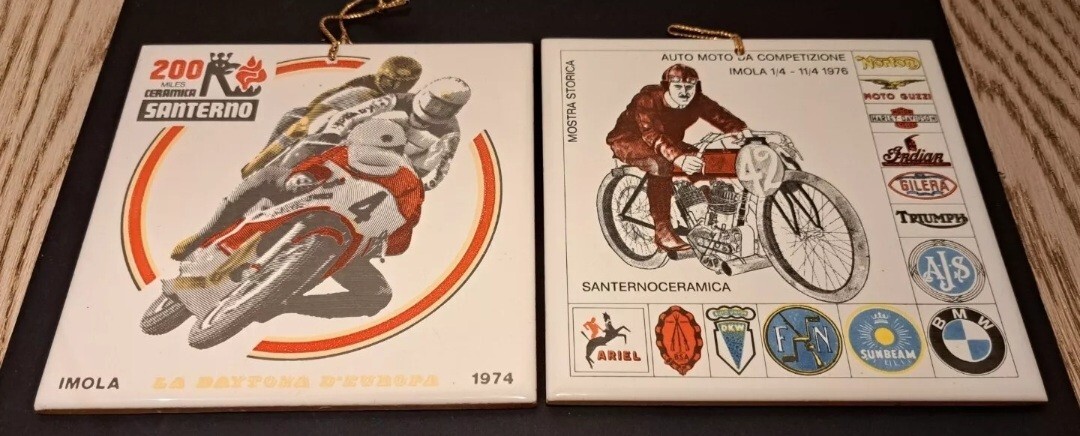 PAIR DECORATIVE CERAMIC TILES-IMOLA 70s-motorcycle motorcycling brand-old