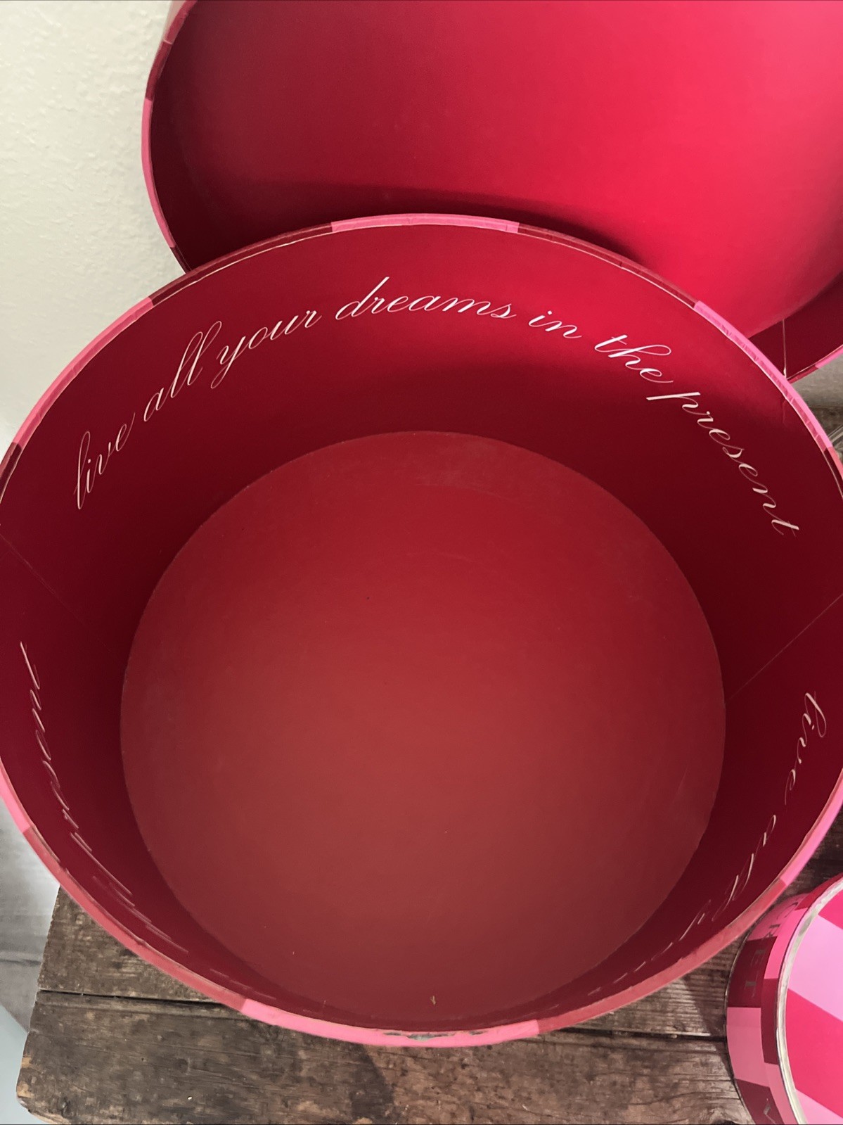 HUGE Victoria’s Secret VINTAGE Red Pink Striped Collectible Display Hat Box Set